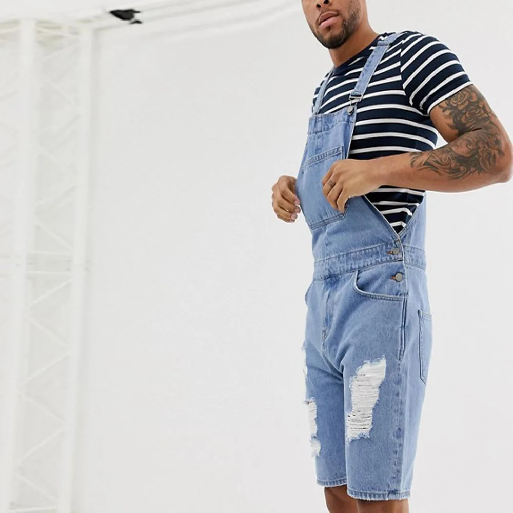 Mens Overalls Suspenders Denim Jeans Short Rompers Summer Streetwear Men Ripped Jeans Pantalones Vaqueros Hombre