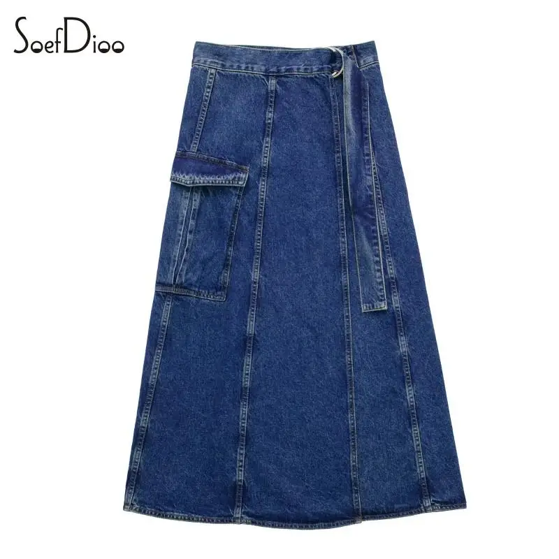 

Soefdioo Fashion Patchwork Pockets Fishbone Denim Skirts Women Casual High Waist Buckle Belt Cargo Skirt Summer 2023 Streetwear