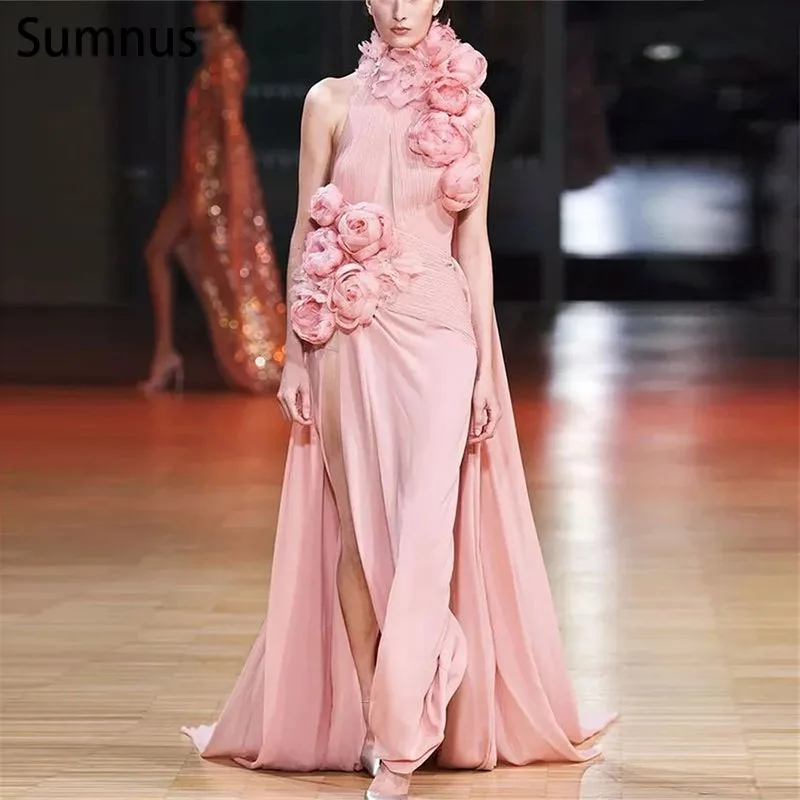 

Sumnus Vintage Pink Saudi Arabia Evening Dresses 2022 Halter 3D Flowers Tulle Floor Length Vestidos De Noche Robes De Soirée