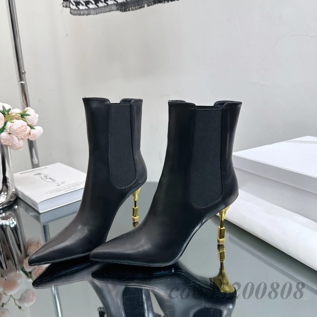 

Autumn Winter Women Ankle Boots Fashion Genuine Leather Boots Super High Heels Ankle Boots Metal Decoration Party Dress Booties