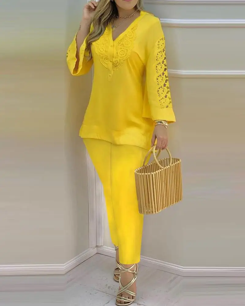 

Pant Sets Women Two Piece Set Elegant V Neck Shirt Yellow Long Sleeve Lace Trousers Matching Sets Lady Office 2023 Summer