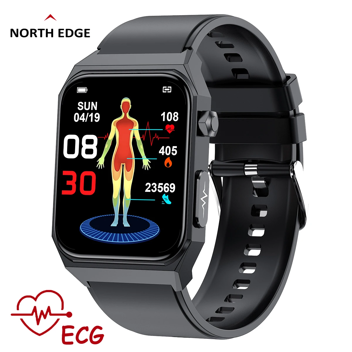 

NORTH EDGE ECG Smart Watch Blood Glucose Body Temperature Blood Pressure Monitor Full Touch Screen Square Clock IP68 Waterproof