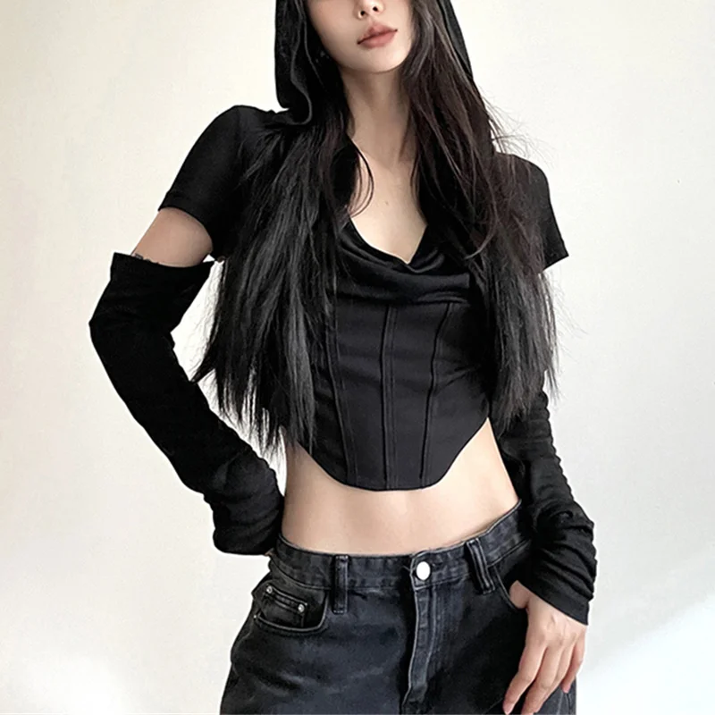 y2k Crop Top Women Punk Gothic Clothes Solid Color Long Sleeve Hooded T Shirt with Thumbhole Wasteland Tee Streetwear