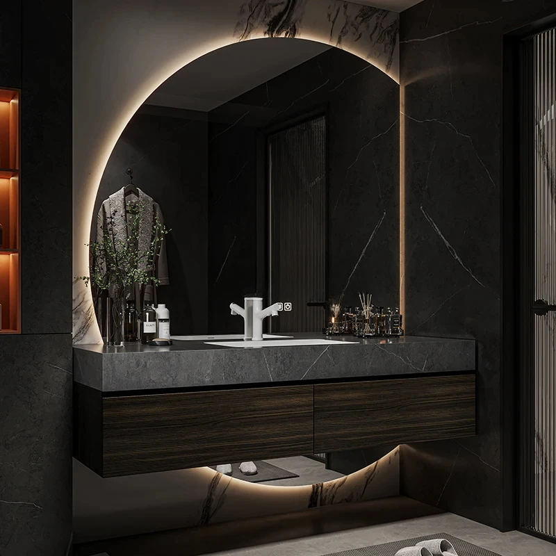 Light luxury rock slab bathroom cabinet seamless ceramic integrated basin washbasin cabinet combination
