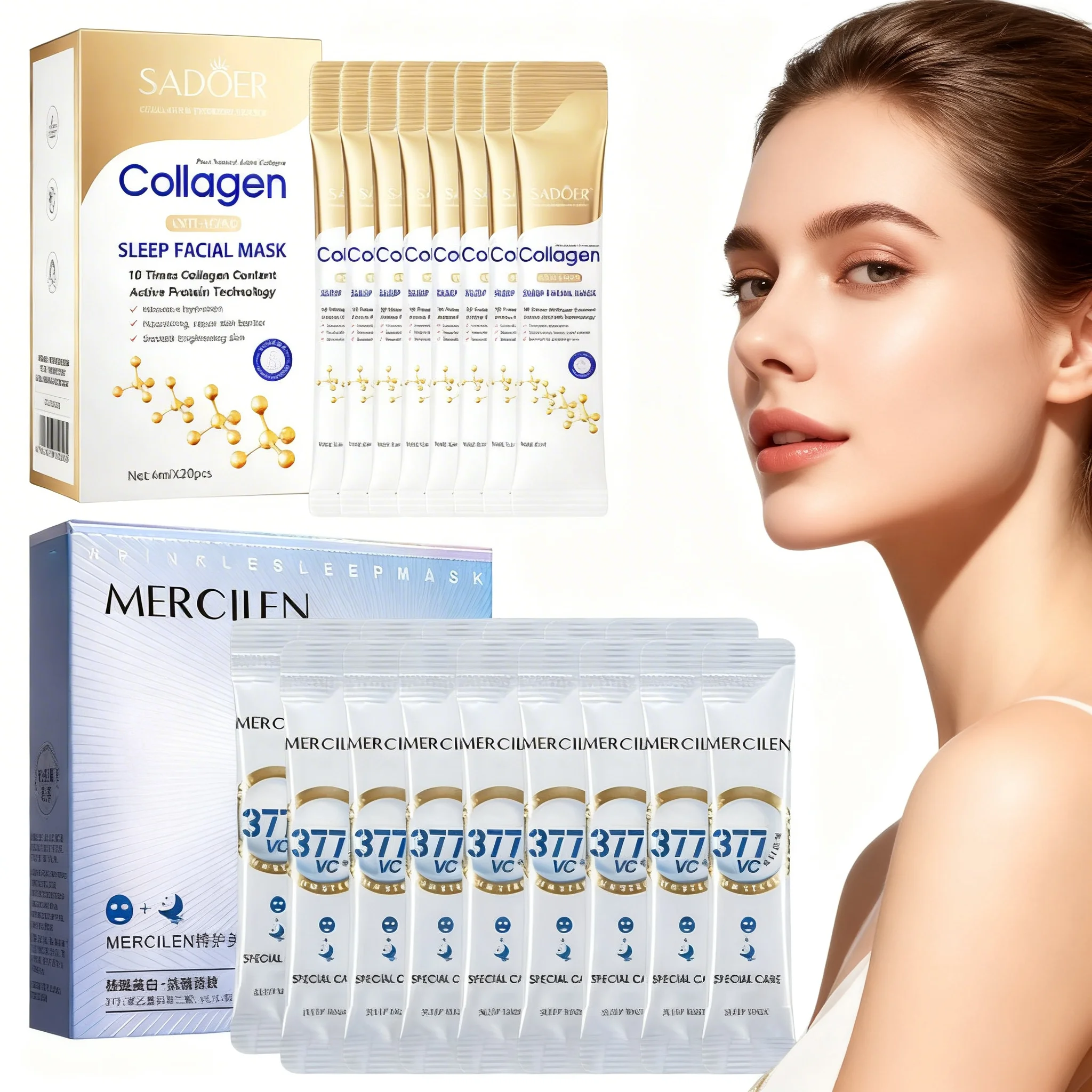 Masque réutilisable en tissu beige porté par une personne, visible de face, avec attaches élastiques, lavable et écologique.