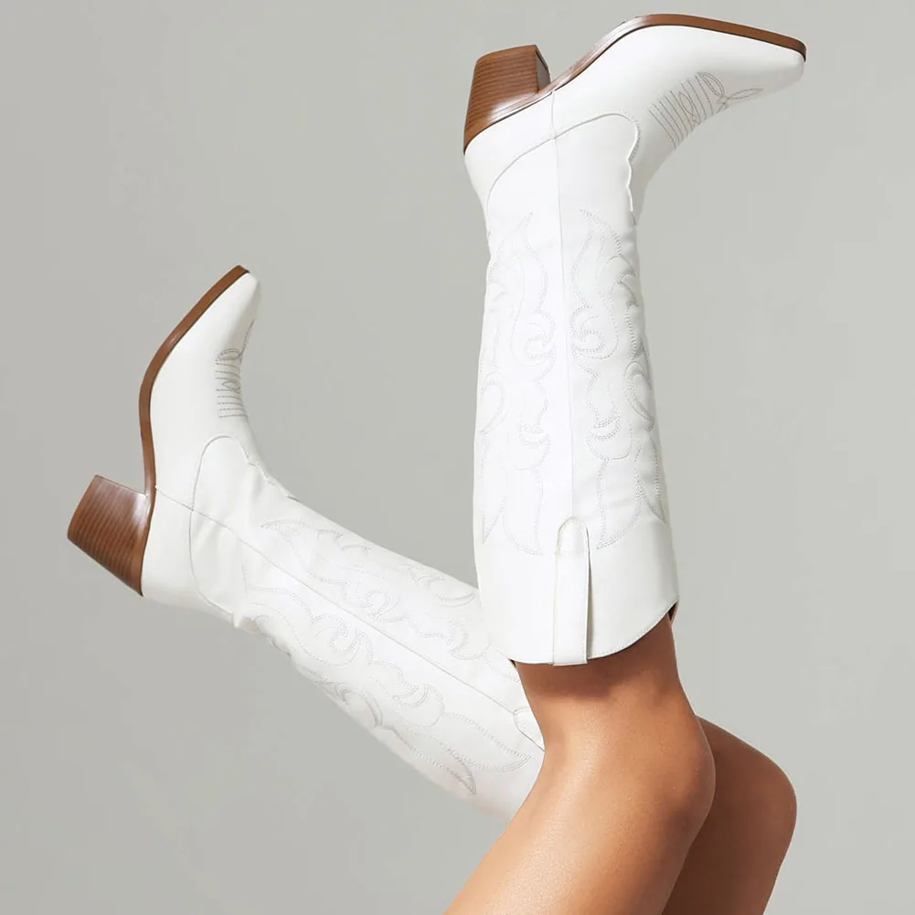 

Dropship Women's Vintage Embroidery Cowgirls Western Boots Shoes Retro Slip On Concert Cowboy Knee High Boot Good Quality