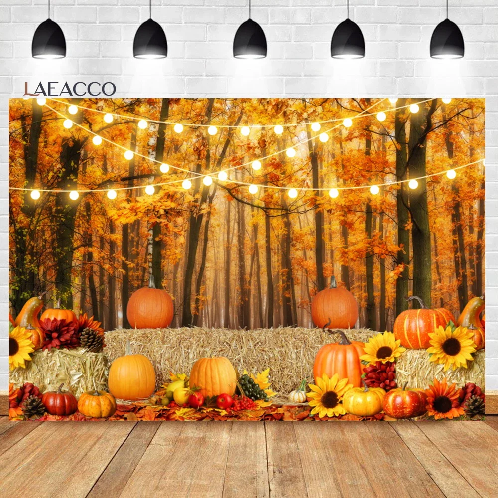 

Laeacco Autumn Forest Maple Leaves Background Farm Straw Pumpkin Harvest Party Event Kids Adults Portrait Photography Backdrop