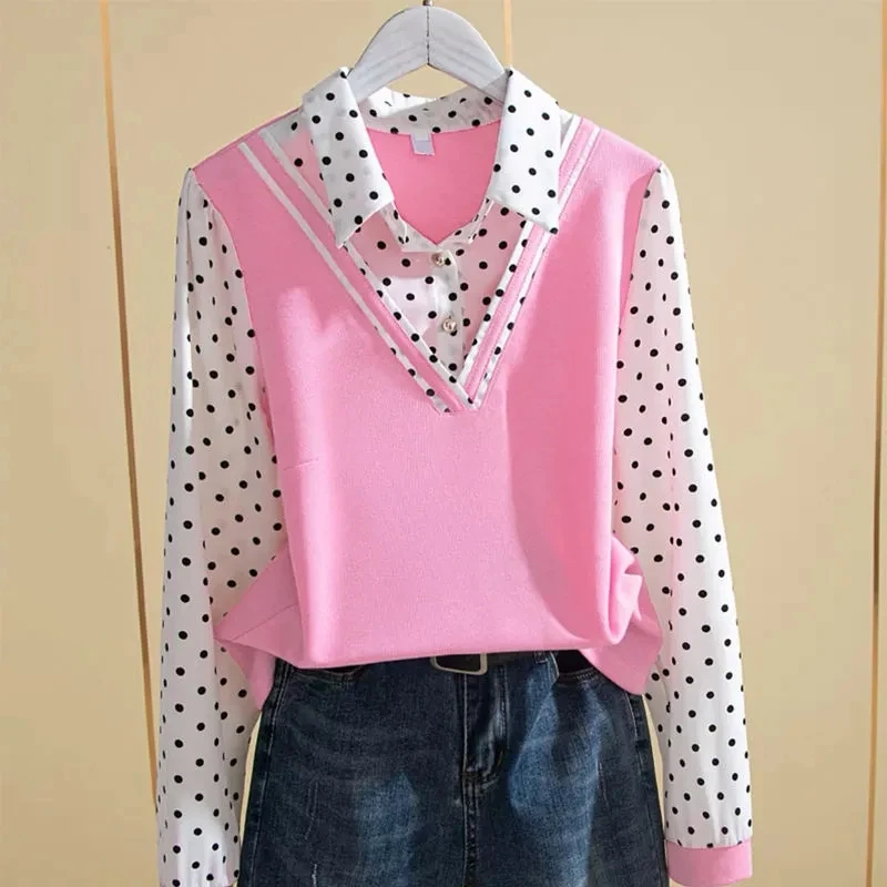 

Women Fake Two Shirts Spring Summer Dot Printing Long Sleeved Blouse Ladies Fashion Versatile Tops 5XL