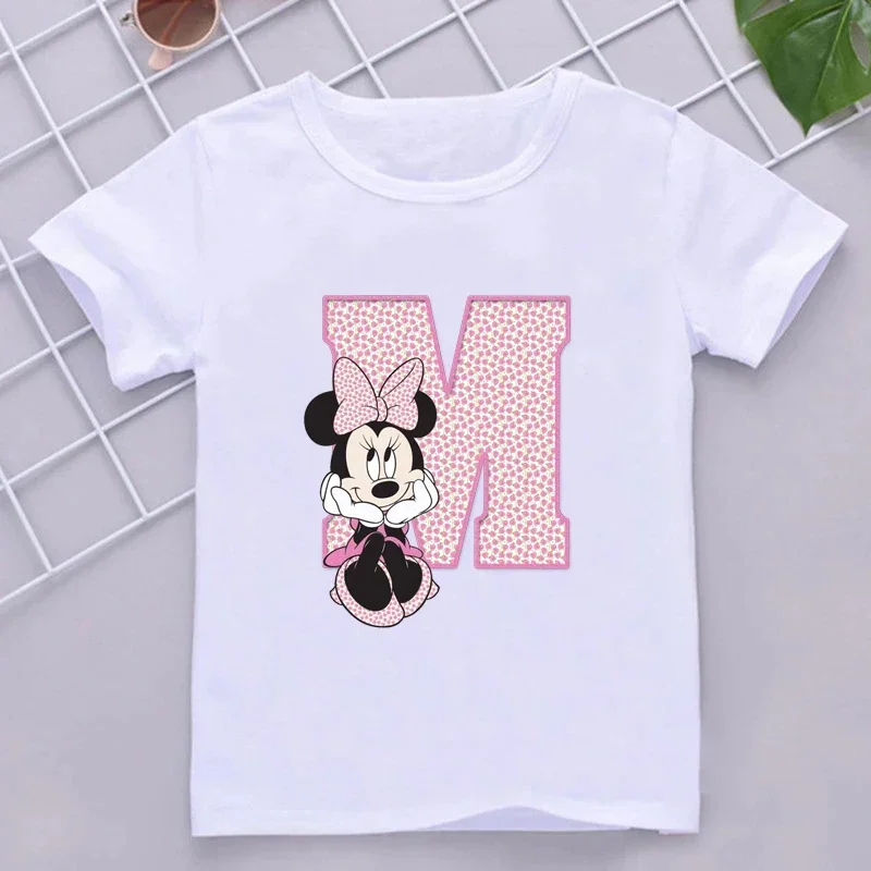 thumbnail image 1 of Camisetas de algodón para niños de Minnie con combinación de letras de la A a la Z y nombres, ropa de dibujos animados de Disney Kawaii, camisetas para niños y niñas, camisetas casuales, 1 of 5