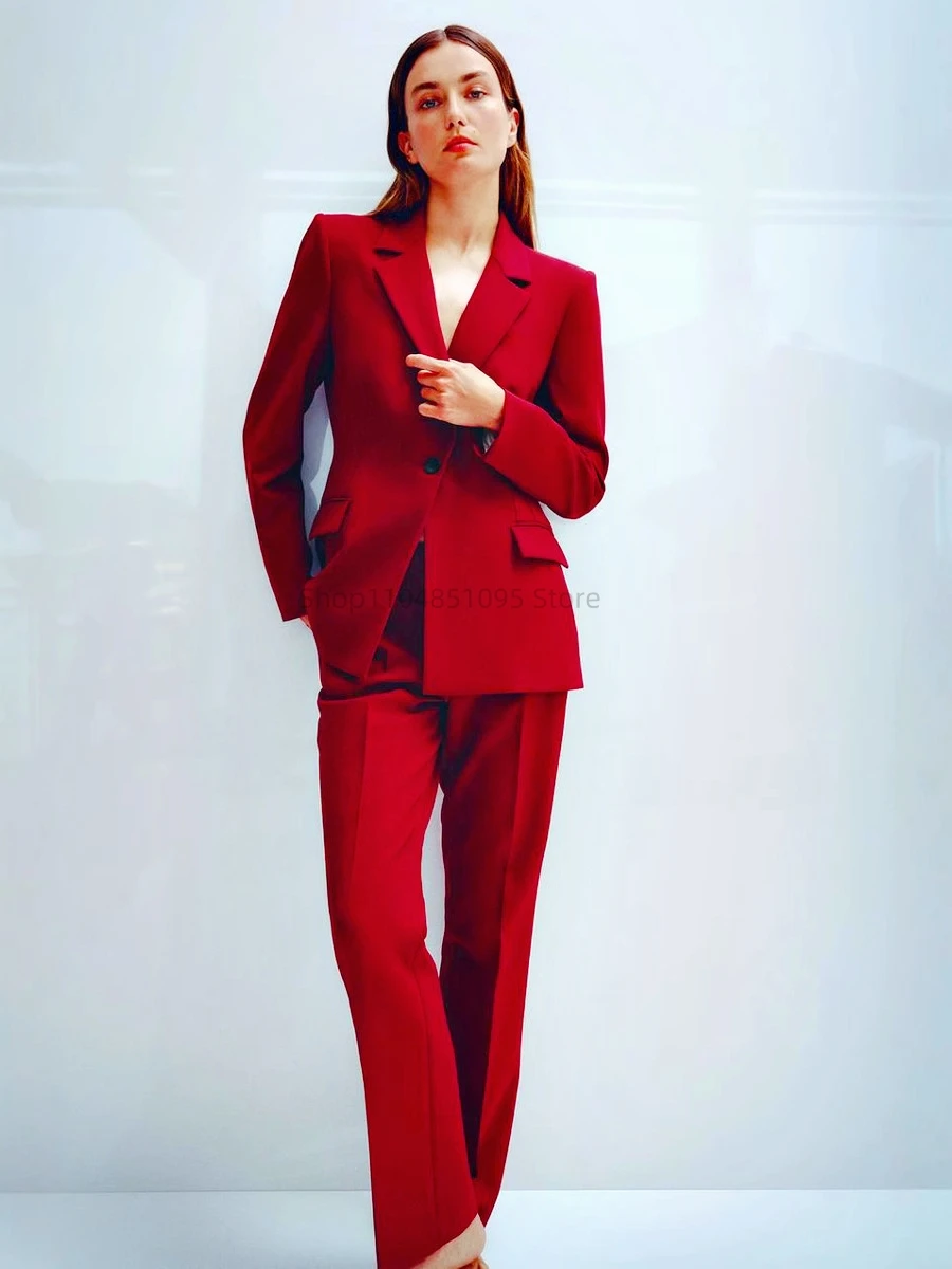 RedWomen's Suit Party Prom Wedding Slim Fit One Button Blazer Pants Outfit Evening Dresses Lady Business Work Wear 2 Piece Set