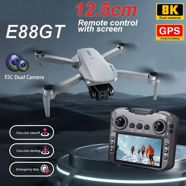 2026 New E88 Big screen Foldable Drones GPS 8K HD Dual Camera Brushless Motor Obstacle Avoidance RC Quadcopter children's Toys