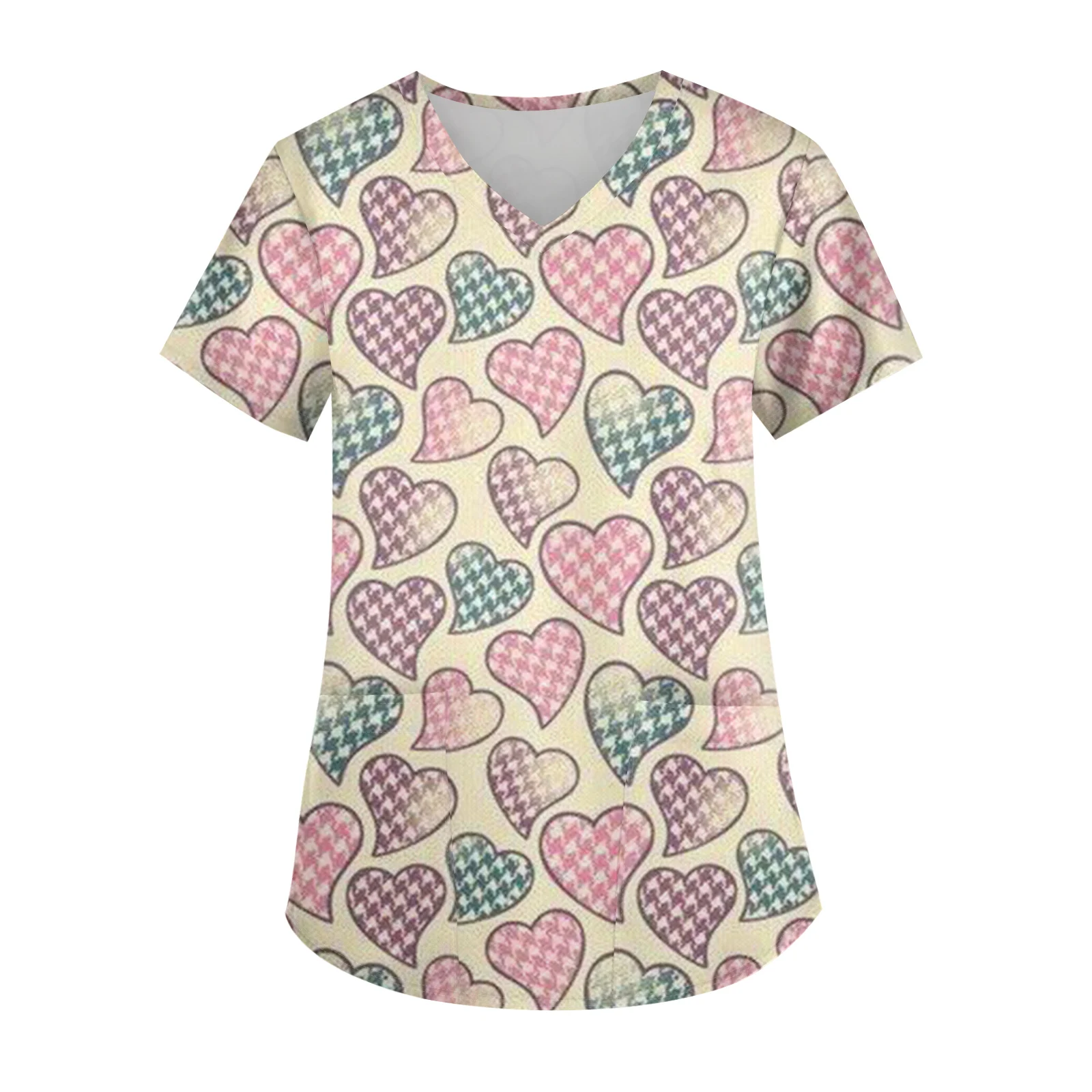 Nurse Uniform Printed Pattern Fashion Nurse'S Top Valentine'S Day Outfits V-Neck Caregiver Top T-Shirts For Women