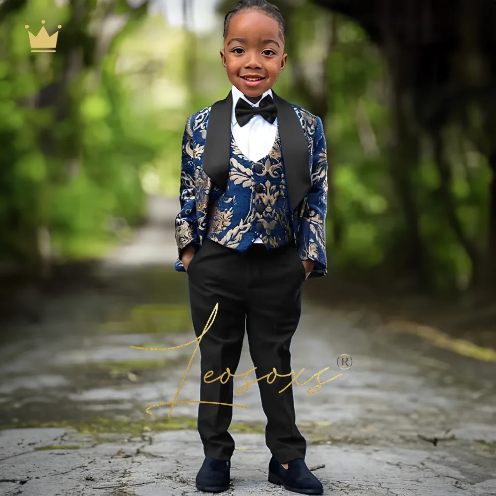 Boys Fashion Royal Blue Gold Flower Dress Suit Set 3 Piece Set Jacket Vest Trousers Kids Wedding Dinner Party Tuxedo