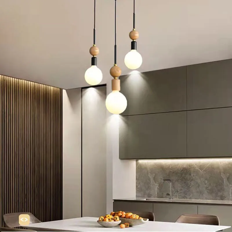 

Modern Wood Hanging Lighting Fixtures E27 Bulb Lamp Dining Room Bedside Chandeliers Wire Adjustable Luminaire Suspension