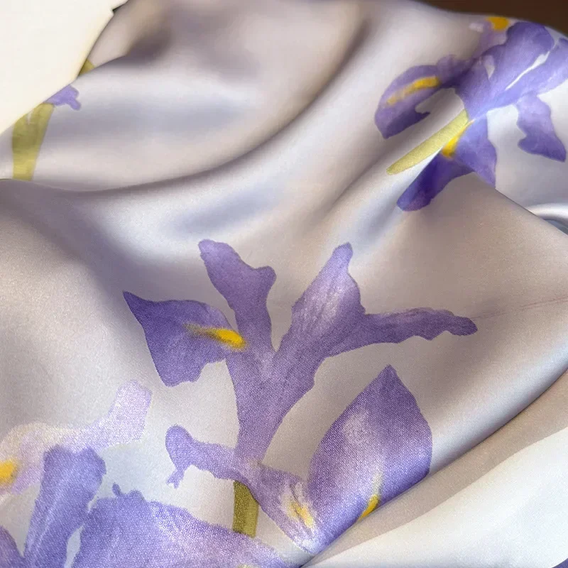 New Purple Luxury Floral Print Silk Square Scarf Women Soft Satin Hairband Hands Bag Ribbons Foulard Neckerchief Headband Hijab 6