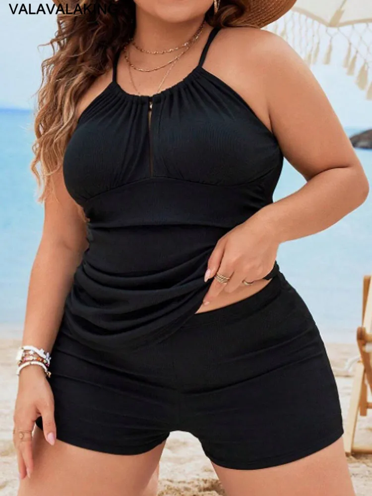 2025 Solid 2 Piece Plus Size Tankini Women Hollow Push Up Large Swimsuit Chubby Curvy Swimwear Cross Backless Lady Bathing Suit 1