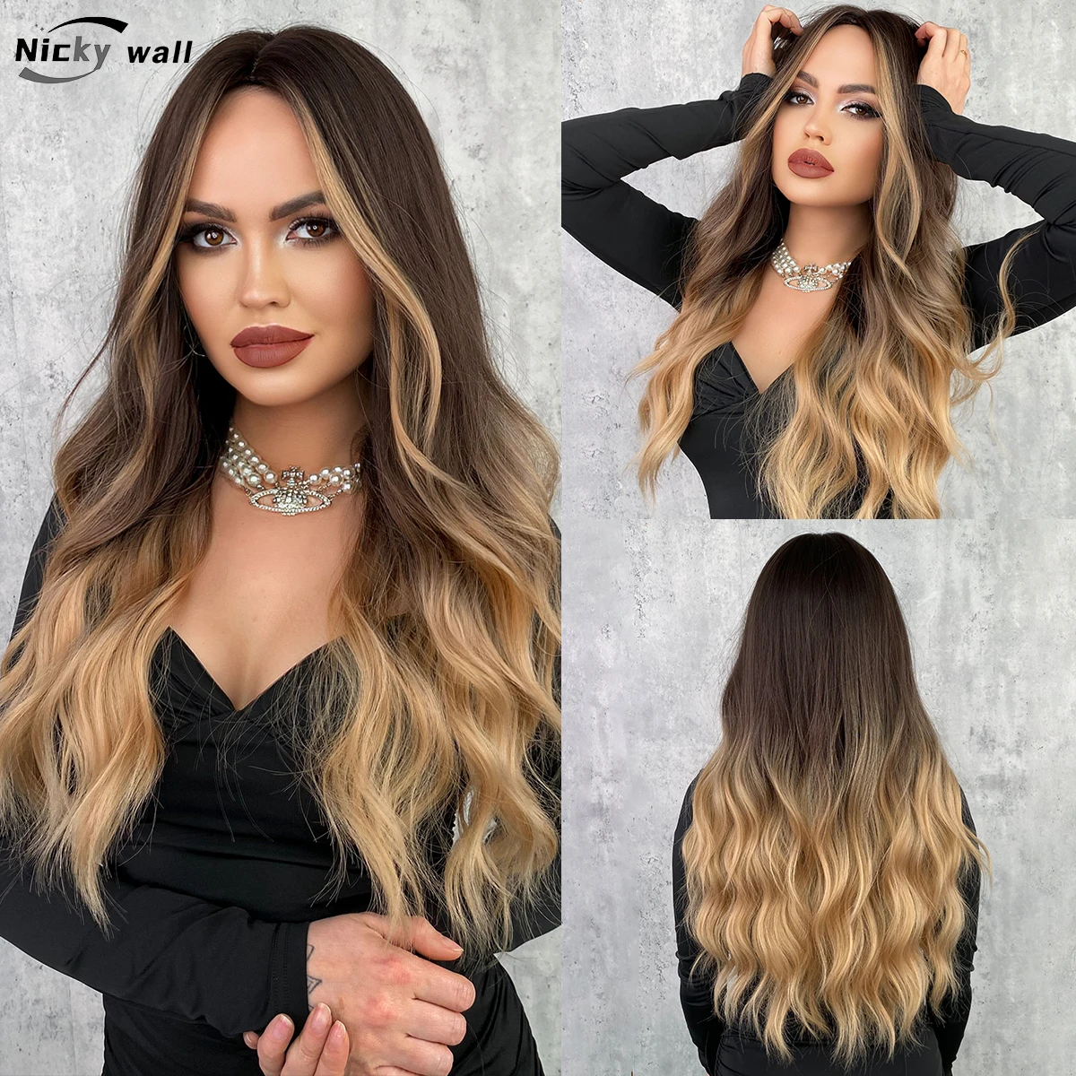 

Highlight Blonde Long Body Wave Women Wig Heat Resistant Synthetic Wigs Middle Part Natural Looking Ombre Brown Fake Hair