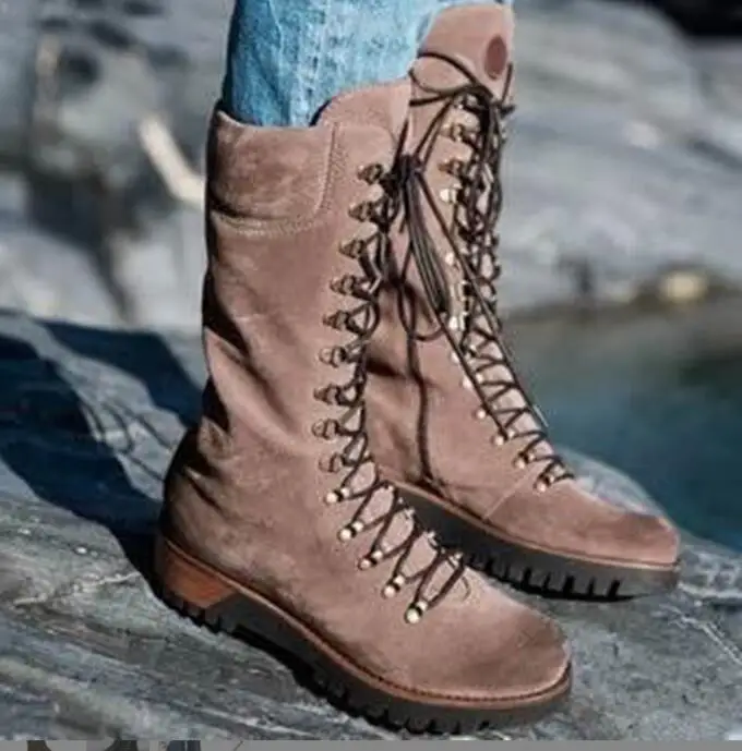 Winter Fashion Women's Mid-Calf Boots Round Toe High suede boots Lace-Up Side Ladies Boots Comfortable Non-Slip Motorcycle Boots