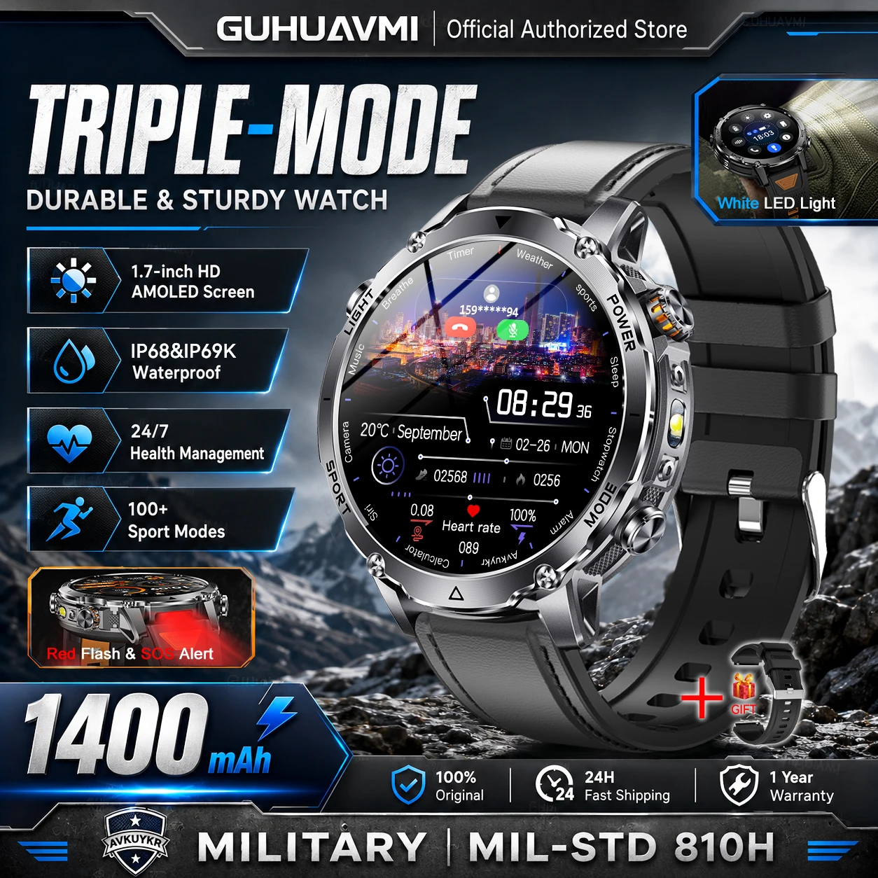 Outdoor Smart Watch for Men with 1400mAh Battery, GPS, Flashlight, 1.7 AMOLED Display, Bluetooth Calling, and Waterproof Design