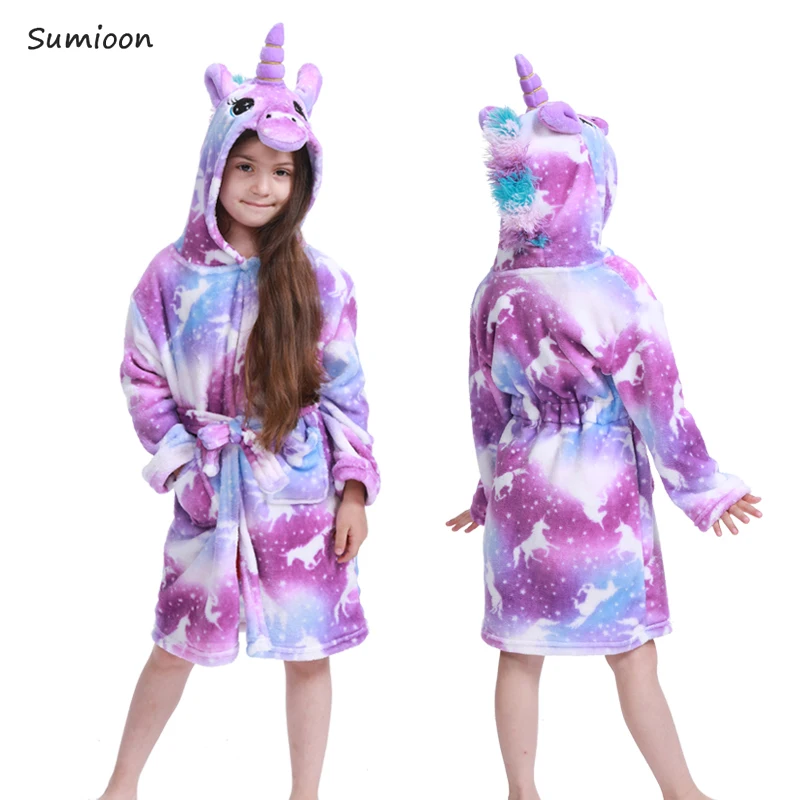 New Winter Big Boys Girls Bath Robe Children Unicorn Hooded Flannel Pajamas Lengthen Bathrobes for Teenage Boy Cartoon Pajamas