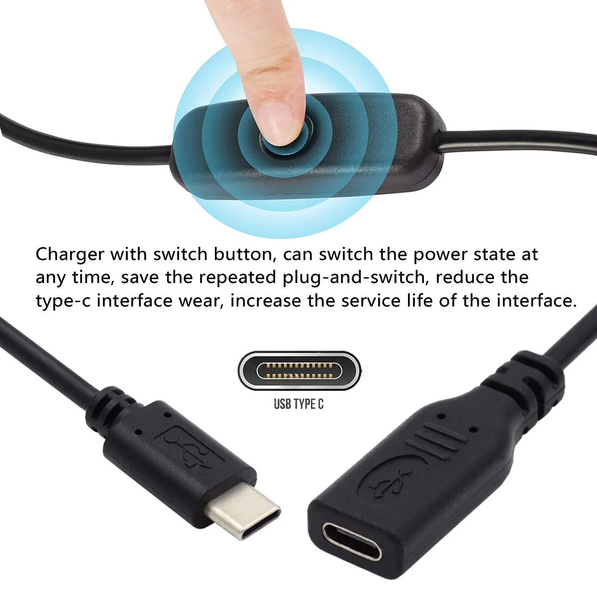 Cablecc USB Type C Male to Female USB-C Cable for Laptop Keyboard Raspberry Pi 4B with On Off Power Switch Button