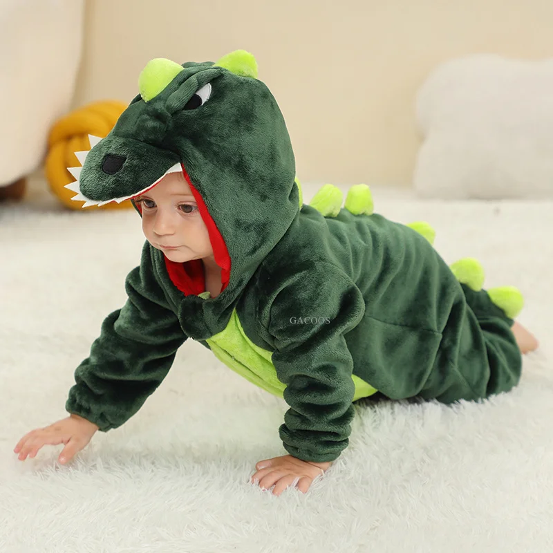 Grenouillère Bébé Garçon Dinosaure Avec Capuche Brodée – Tissu Doux Polyester, Tailles 3 à 24 Mois, Idéale Automne-hiver