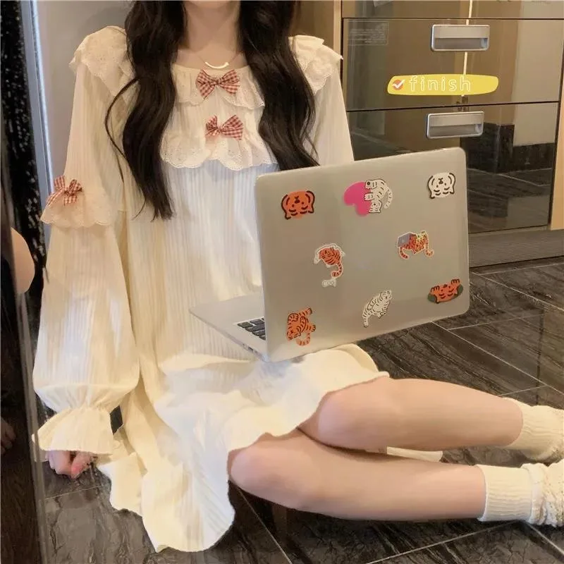 2024 New Women's Spring Autumn Korean Nightdress Loose Casual Student Sweet Sleepshirts Girls Long-sleeved Nightgowns Loungewear