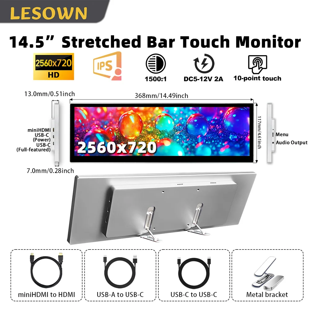 LESOWN 14.5인치 스트레치 바 외부 모니터 – 노트북 PC 및 라즈베리 파이용 2560x720 IPS LCD 추가 디스플레이 USB/HDMI 모니터