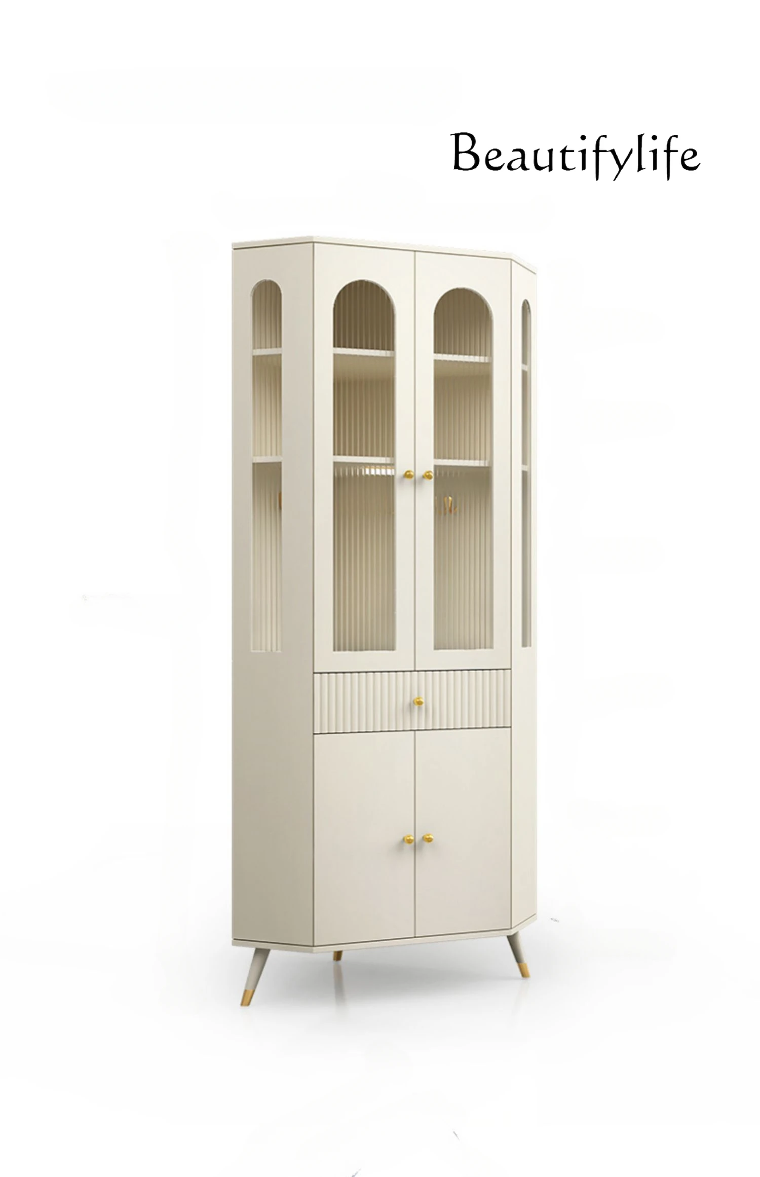 

Cream Style Corner Cabinet Glass Door Wine Cabinet Modern Stone Plate Triangle Cabinet Large Capacity Sideboard