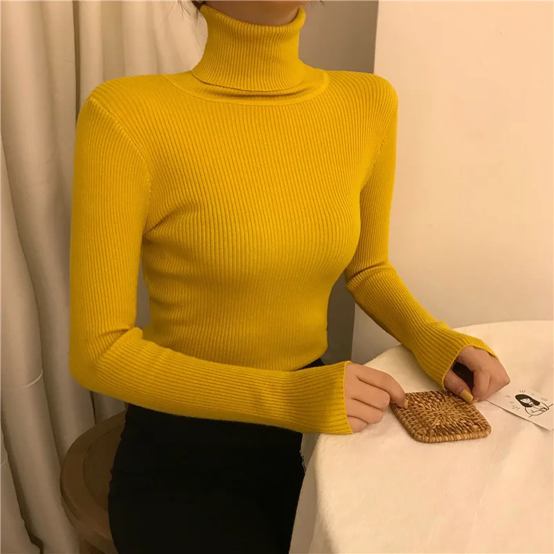 

2023 New Women Pullover Turtleneck Sweater Autumn Long Sleeve Slim Elastic Korean Simple Basic Cheap Jumper Solid Color ND001