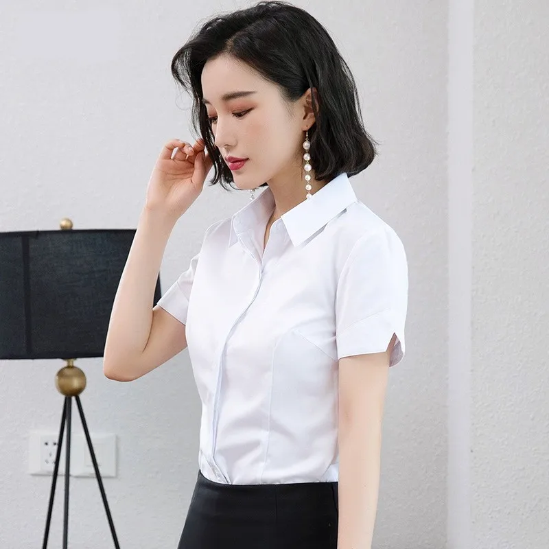 

New Summer Women Shirt Short Sleeve Blouses Ladies Office Work Wear Blue White Tops Female Blusas Camisas Mujer