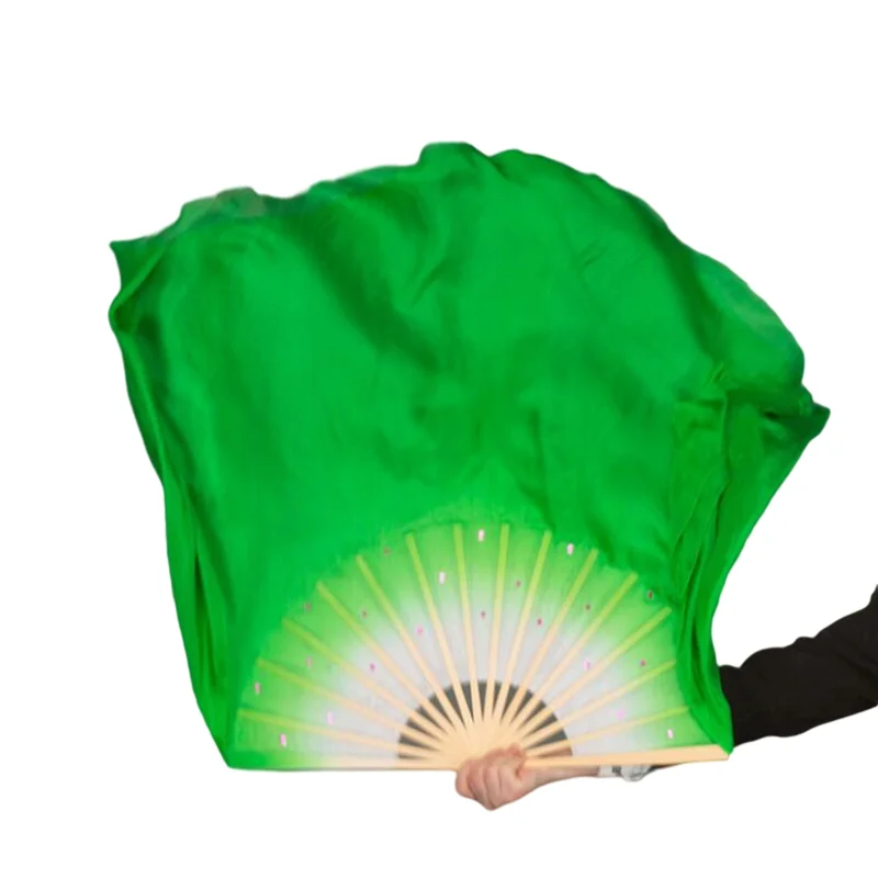 Hot Belly Dance 100% Real Silk Fan Veils Various Size White Green Gradient Chinse Folk Dance Bamboo Folding Fan Props 16"-34"