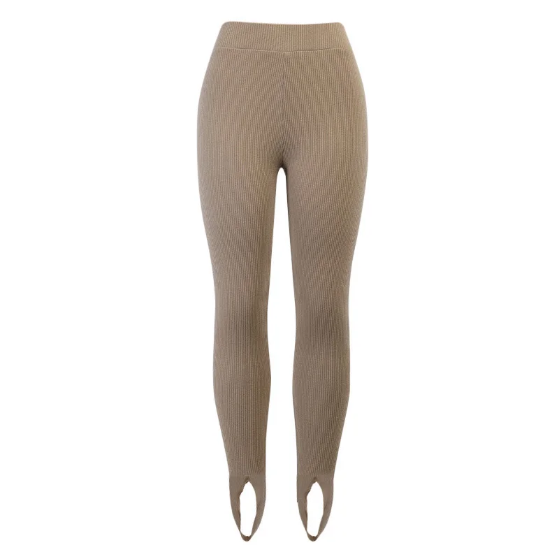 1PC Women Ribbed Knit Basic Pants Leggings Trousers Yoga Pants Cotton Beige High Waist Fitness
