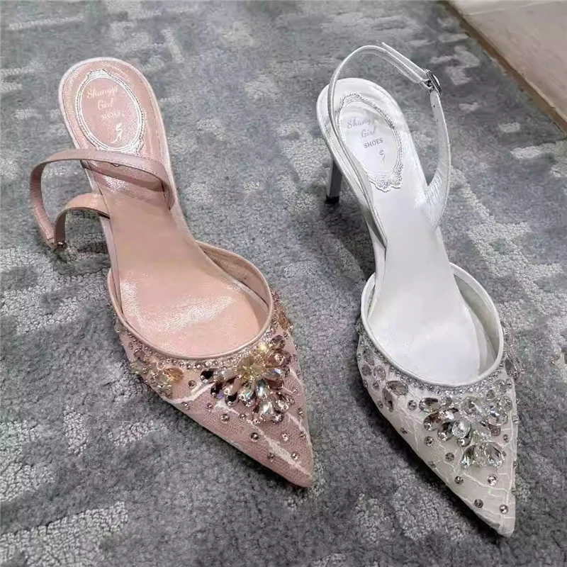 Spring and summer new pointed rhinestone lace wedding shoes thin high-heeled sandals crystal banquet dress versatile women shoes