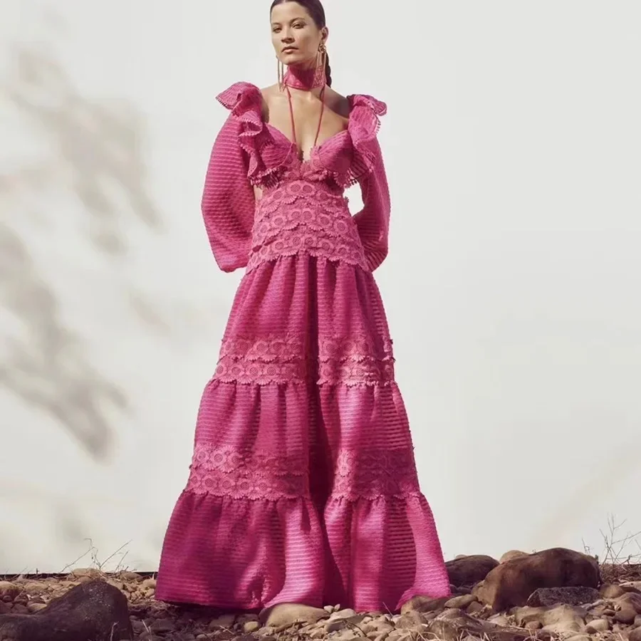 Sexy backless elegant dress spring new deep V-neck long sleeved patchwork women's dress women's clothing vestidos  dresses