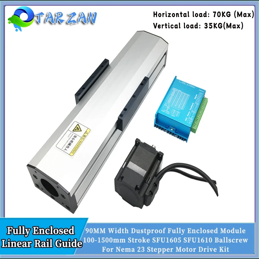 ความกว้าง 90 มม.Enclosed Linear Rail ท่องเที่ยวสไลด์ฝุ่น 100-1200 มม.SFU1605/1610 สําหรับ NEMA 23 Stepper Motor 1