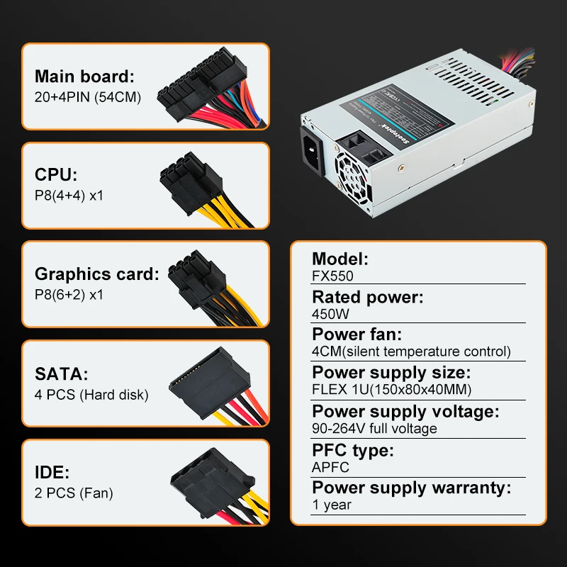 플렉스 1U 450W 90V-264V P4 ATX 전원 공급 장치, 고품질 스위칭 전원 공급 장치, 12V, 핫 세일 제품