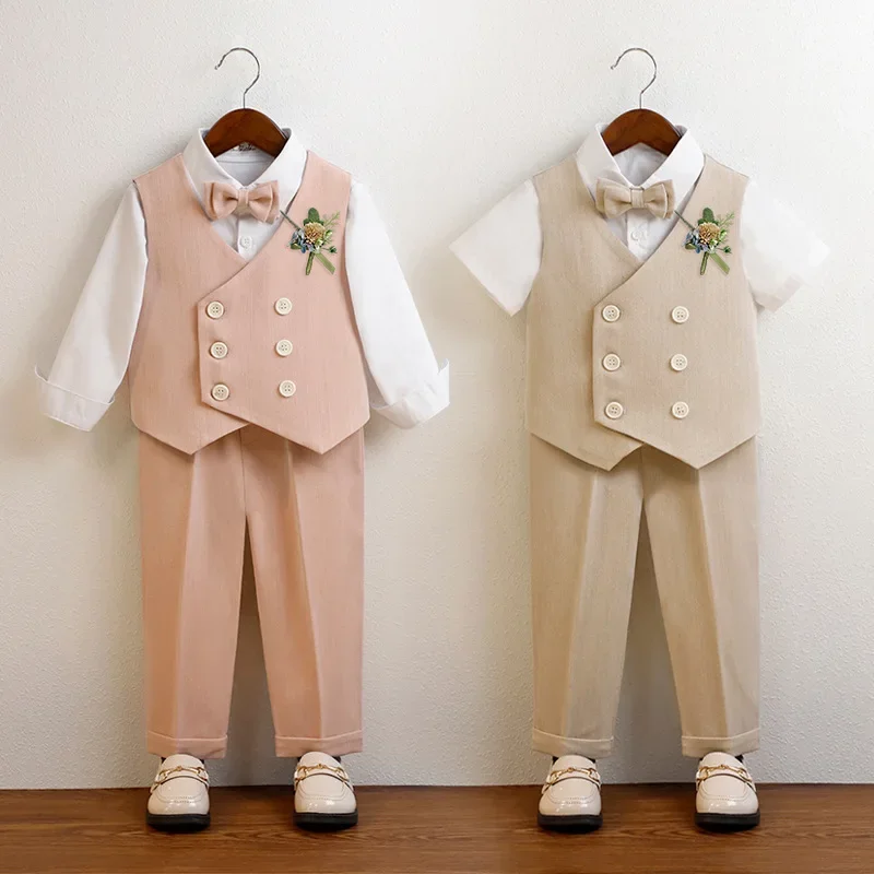 

Baby Boys Suit Fashion Double Breasted Khaki Handsome Flower Child Wedding Outfits British Style Kids School Uniform Blazer Set