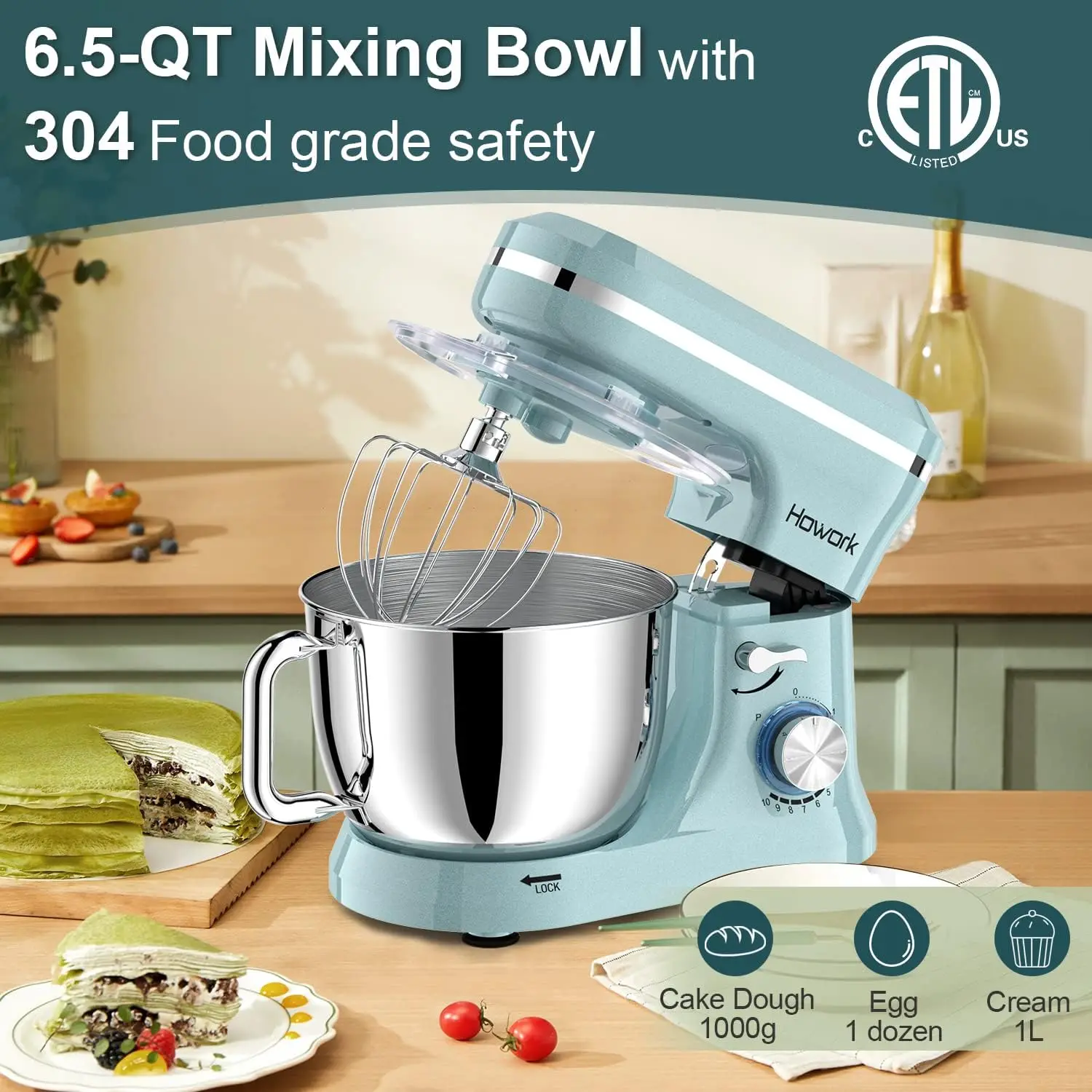 Electric Stand Mixer,10+p Speeds With 6.5QT Stainless Steel Bowl,Dough Hook, Wire Whip & Beater,for Most Home Cooks,Blue 6