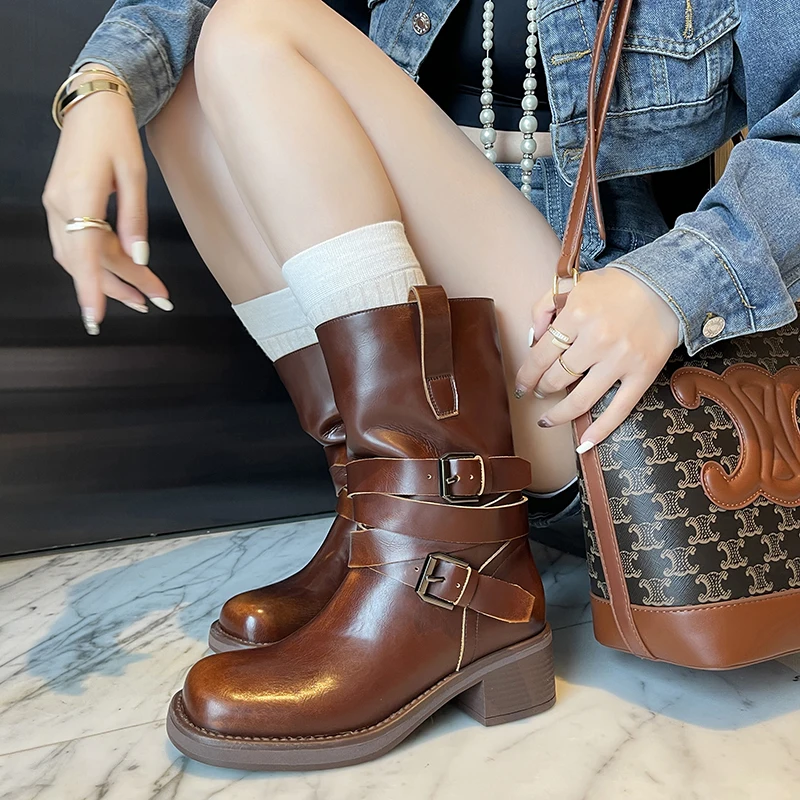 

2023 new Autumn winter Women Mid-calf boots natural leather 22-25cm cowhide+pigskin modern boots belt buckle western boots