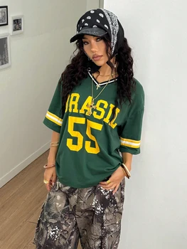 Brasil 55 Print T-Shirt American Football Uniform V-Neck Loose Breathable Short Sleeved Fashionable Streetwear Y2k Women'S Top 1