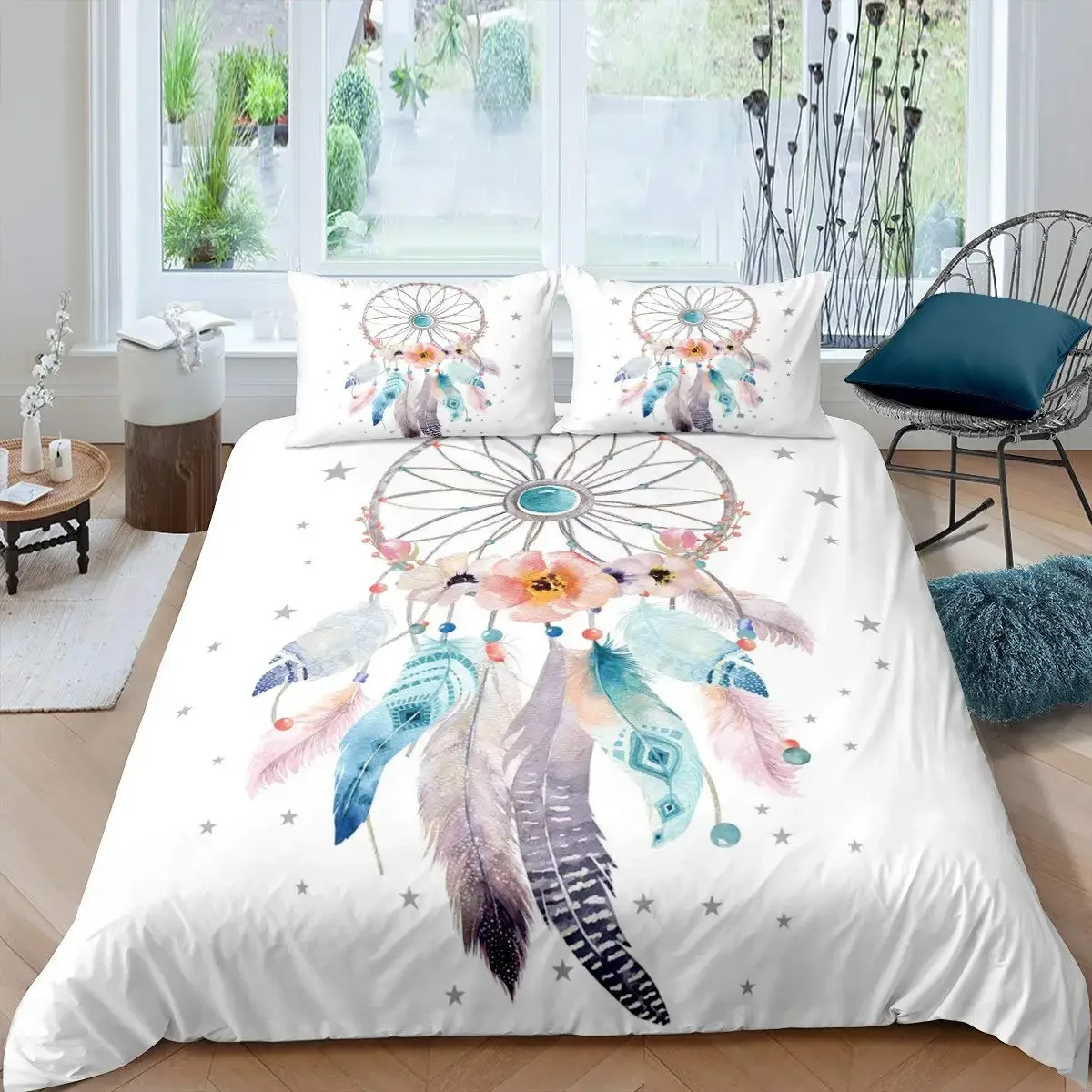 Dream Catcher Duvet Cover Set Purple Bedding Set Chic Boho Mandala Floral Feather Design Galaxy Comforter Cover Set Queen Size 3