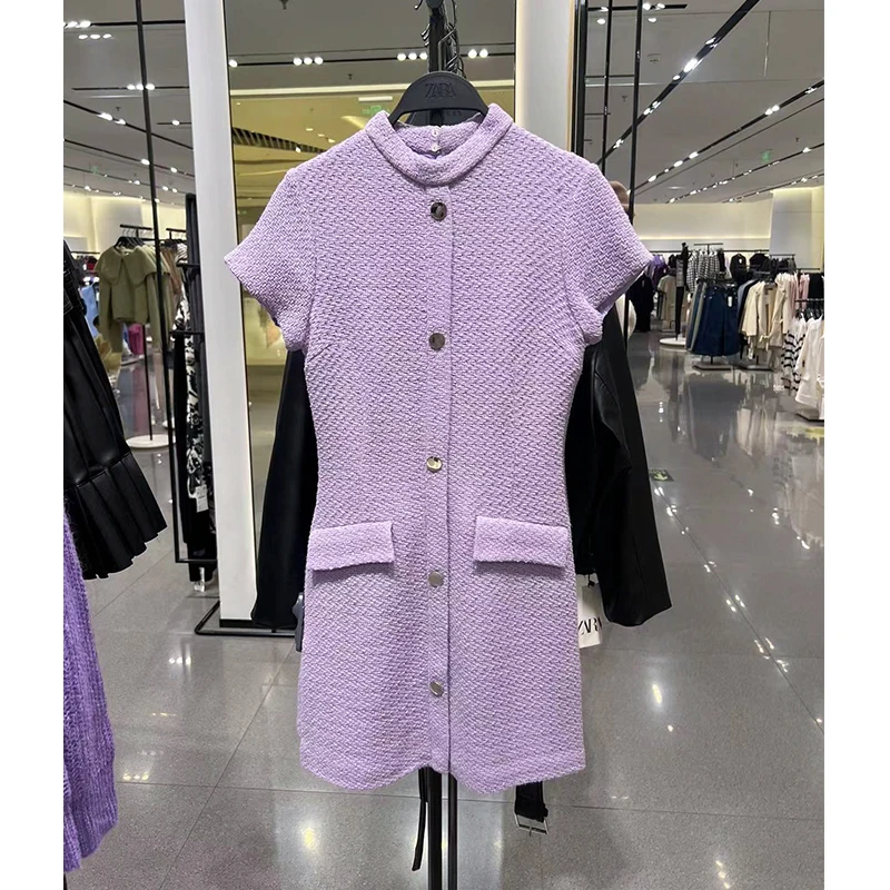

2022 European and American fashion autumn and winter women's new slim short-sleeved three-dimensional purple mini dress