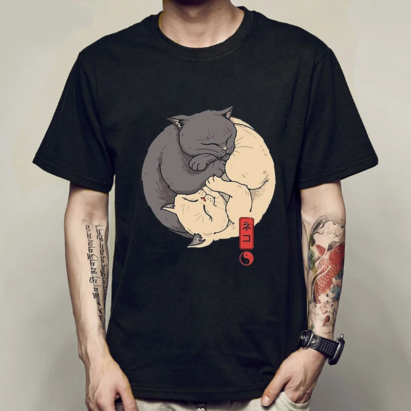 

Yin Yang Cats Tshirt Men Vintage T-shirts Japanese Anime Manga Harajuku Fashion O-Neck Streetwear Casual Tops Summer Mens Tshirt