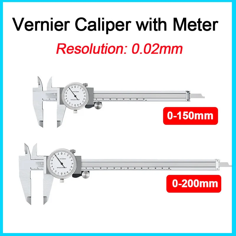 

0-150mm/200mm 0.02mm Vernier Caliper With Meter Dial Calipers Metal Gauge Micrometer Ruler Shockproof Woodworking Measure Tool