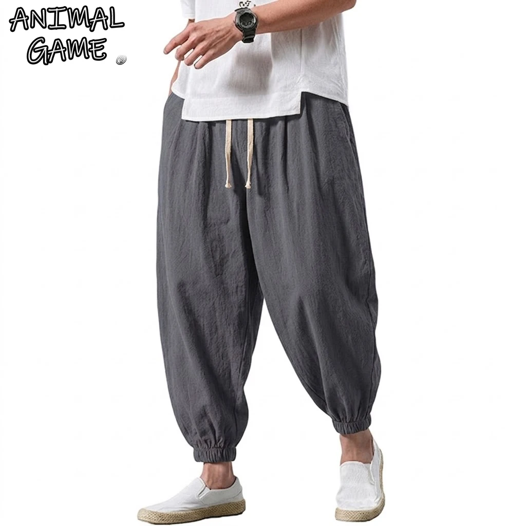 Men's Harem Pants Loose Cotton Linen Yoga Pants Solid Color Sport Sweatpants Joggers Male Casual Baggy Trousers Gym Man Hiking