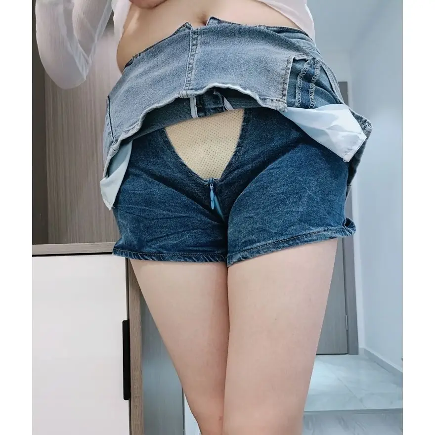 Outdoor Convenient Short Skirt Women's Invisible Double-Headed Zipper Open Crotch Denim Culotte Women's Tight Double-Layer Skirt