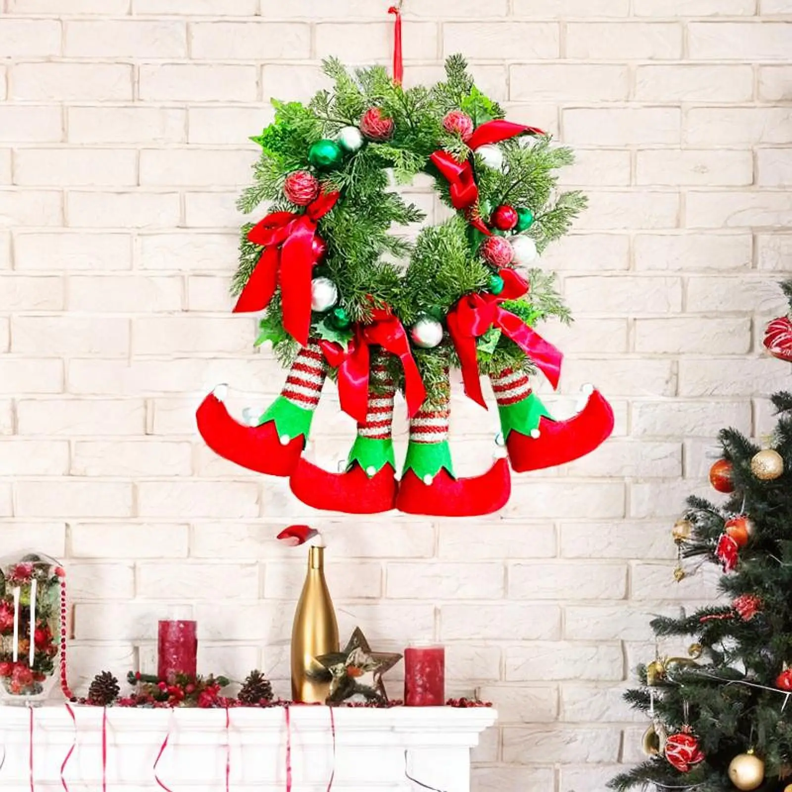 Christmas Elf Legs Wreath Front Door,Artificial Wreath Backdrop Lawn Indoor Outdoor Winter Wreath Xmas Wreath for Festival
