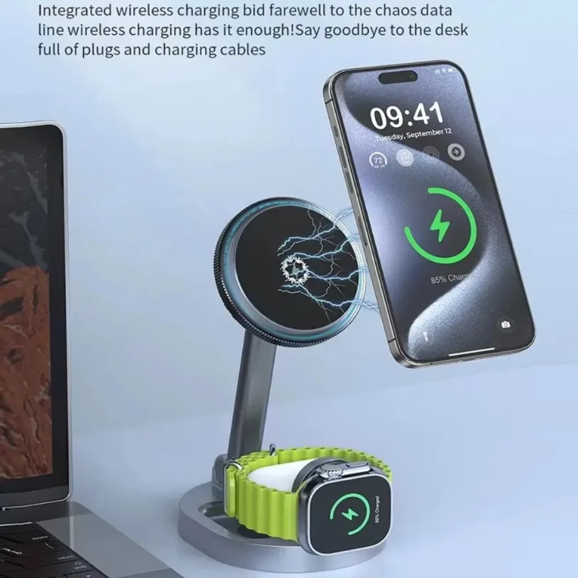 VIKEFON qi2 Ice Cooling 3 in 1 Magnetic Wireless Charger For Magsafe iPhone 16-12 Apple Watch 9 8 7 AirPods Pro2 Fast Charging