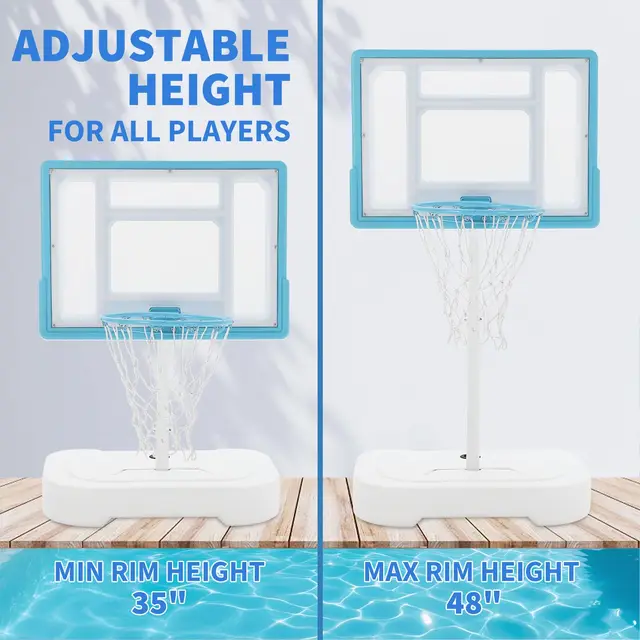 20014-0b4cb5.jpg Outdoor Poolside Basketball Hoop, Adjustable Height, Stainless Steel, 32'' Shatterproof Backboard, 2 Balls & Pump